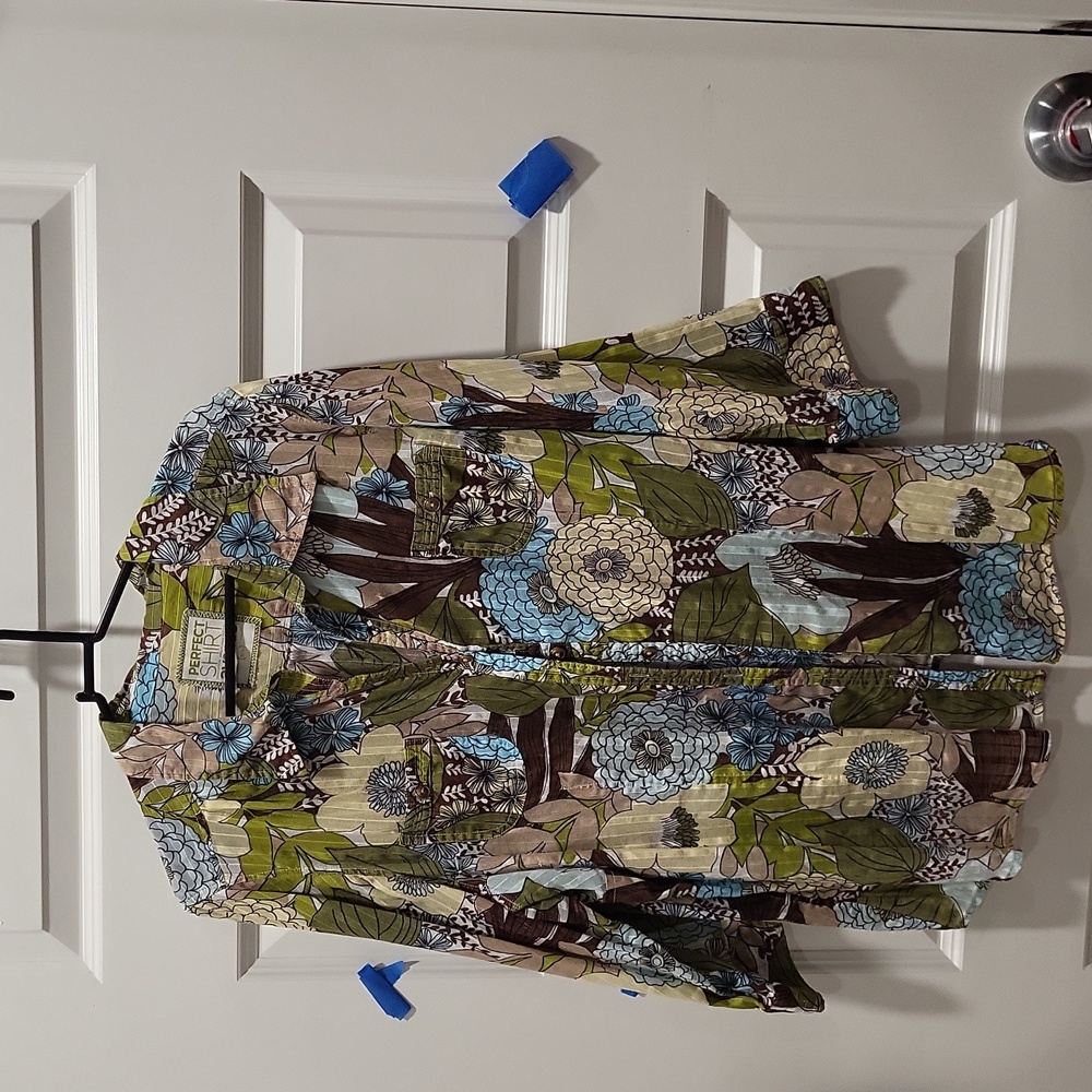 PERFECT SHIRT AVENUE BLUE, GREEN & BROWN FLORAL BUTTON UP 3/4 SLEEVES SZ 22-24